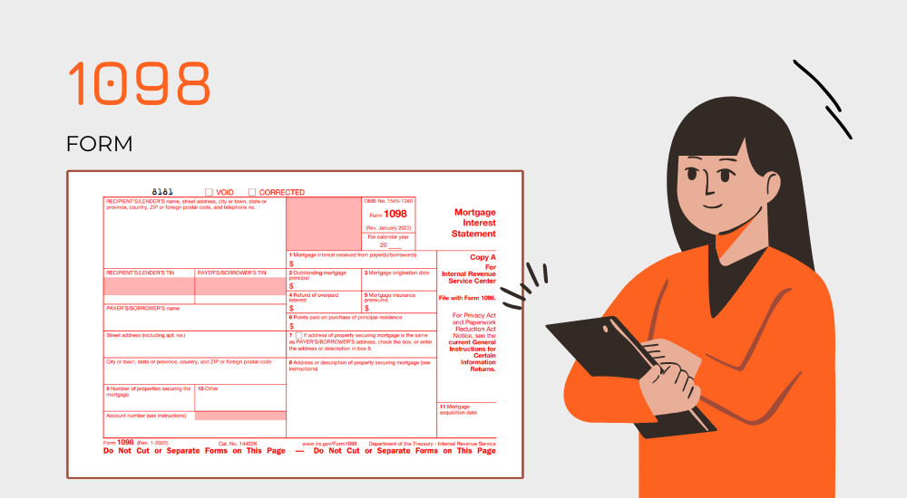 The 1098 tax form for print and the image of the woman with documents